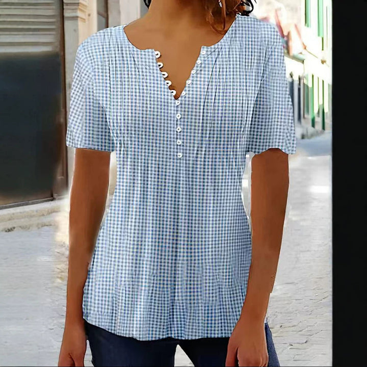 Ladies' lightweight checked blouse with V-neck, decorative button placket and tiered ruffle Mune Fashion