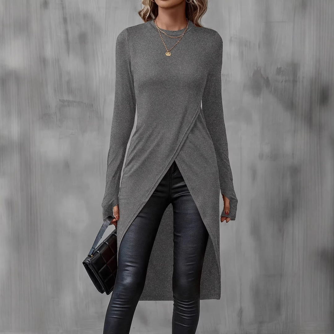 Women's Long Asymmetric Wrap Tunic Top with Front Slit Drune
