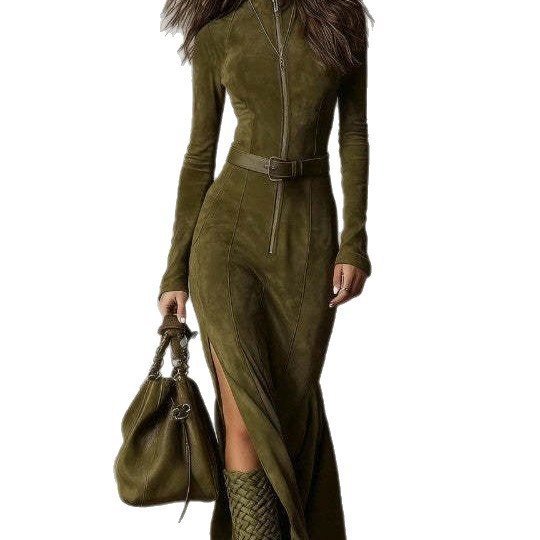 Women's Figure-Hugging Midi Dress Made of Faux Suede with Stand-Up Collar and Central Zipper Mune Fashion