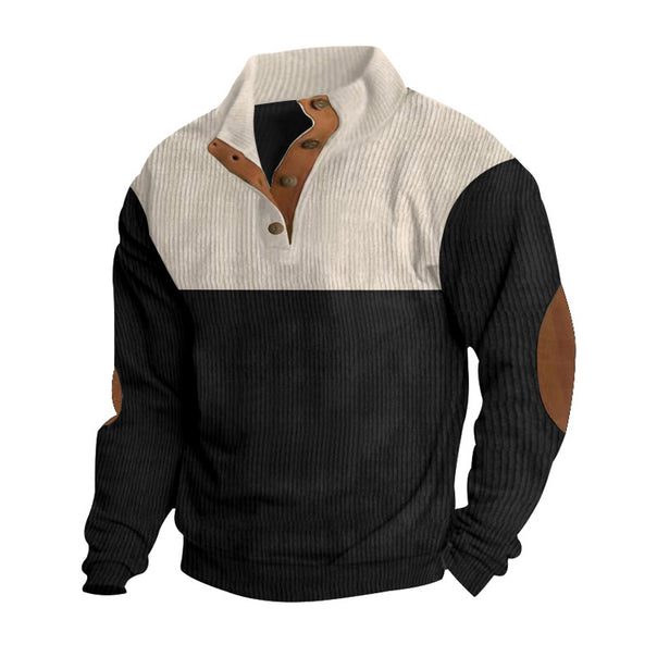 Men's casual knitted sweater with button placket, stand-up collar and elbow patches Mune Fashion