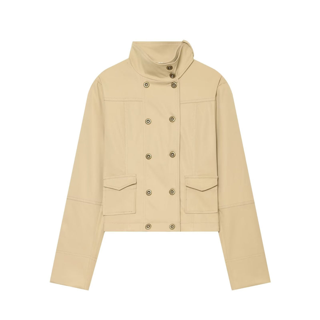 Women's Short Utility-Style Blouson with High Stand Collar and Double-Breasted Button Placket Drune