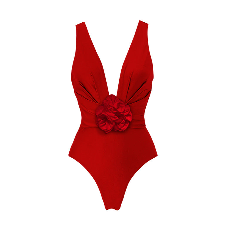 Ladies Elegant V-Neck Swimsuit with Decorative Floral Arrangement Mune Fashion