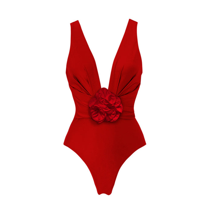Ladies Elegant V-Neck Swimsuit with Decorative Floral Arrangement Mune Fashion
