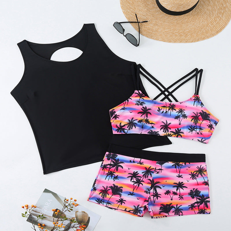 Women's Sporty Swim Set with Fashionable Cut-Out and Tropical Motif Mune Fashion