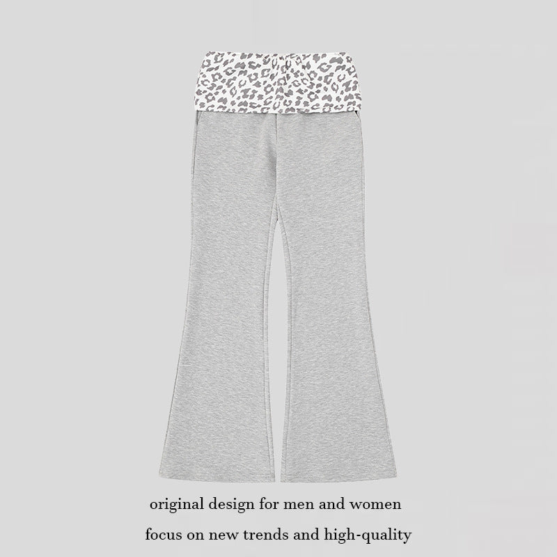 Women's Wide Jersey Lounge Pants with Flared Hem and Turned-Down Leopard Waistband Mune Fashion