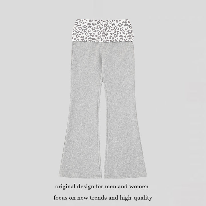 Women's Wide Jersey Lounge Pants with Flared Hem and Turned-Down Leopard Waistband Mune Fashion