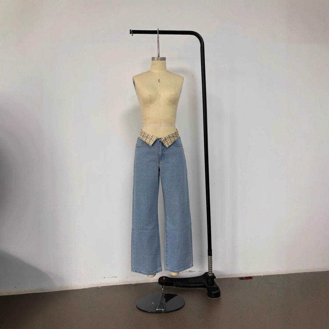 Women's wide flared jeans with turned-up check waistband and classic five-pocket cut Mune Fashion