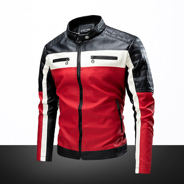Men's Slim-Fit Biker Jacket in Retro Racing Look with Stand-Up Collar and Quilted Shoulder Area Mune Fashion