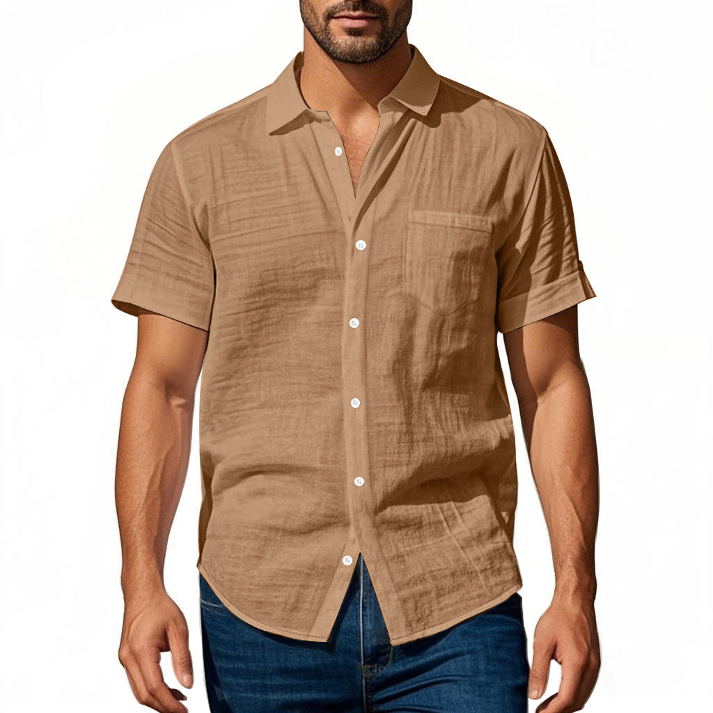 Men's short-sleeved casual shirt made of linen blend with chest pocket and rounded hem Mune Fashion