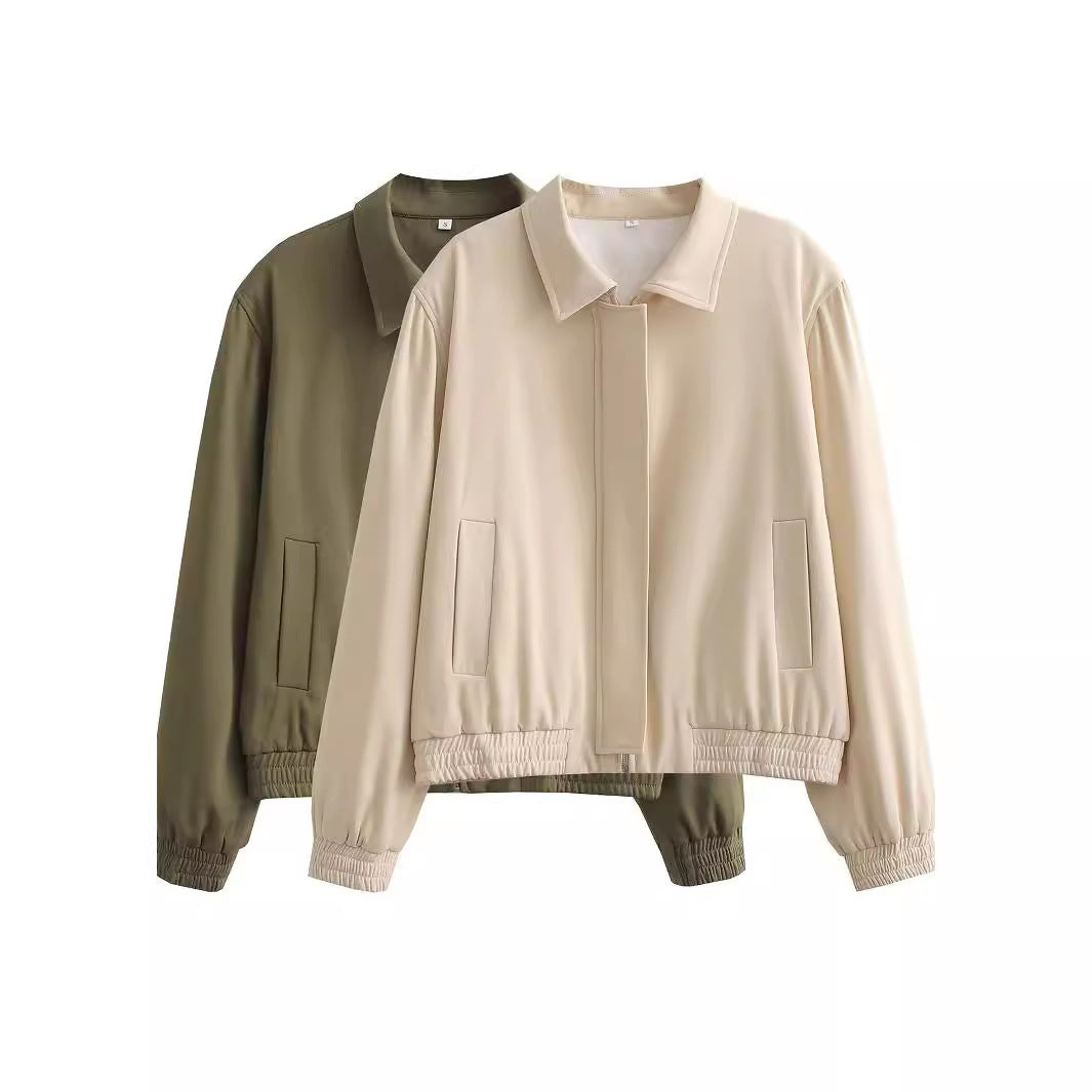 Women Minimalistic Harrington Bomber Jacket with Concealed Front Placket and Gathered Hem Mune Fashion
