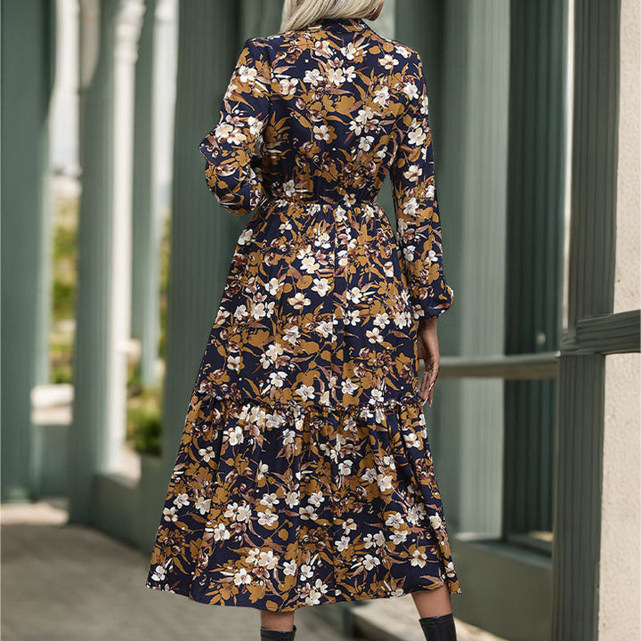 Women Long-Sleeved Midi Dress with Tie Belt, Tiered Hem and Side Slit Mune Fashion