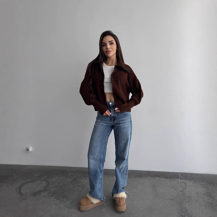 Women Chunky Knit Zipper Cardigan with Balloon Sleeves and Stand-up Collar Mune Fashion