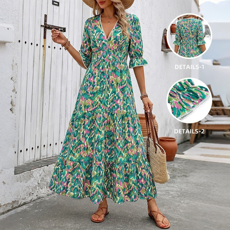 Women Long Maxi Dress with Ruffle Details and V-Neck Mune Fashion