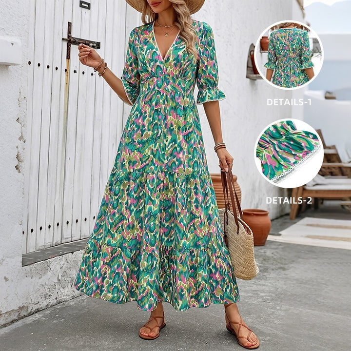 Women Long Maxi Dress with Ruffle Details and V-Neck Mune Fashion