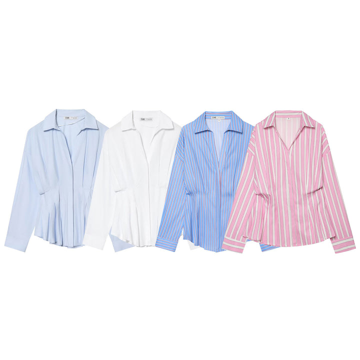 Women's 40+ tailored striped blouse with wrap look and Kent collar Mune Fashion