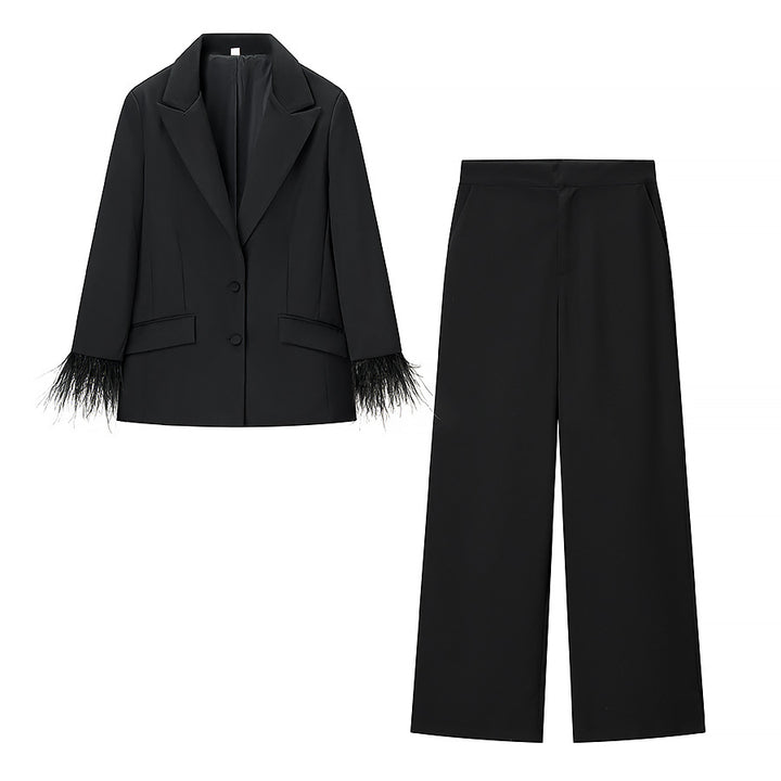 Women Stylish tailored blazer pantsuit with feather trim on cuffs Mune Fashion