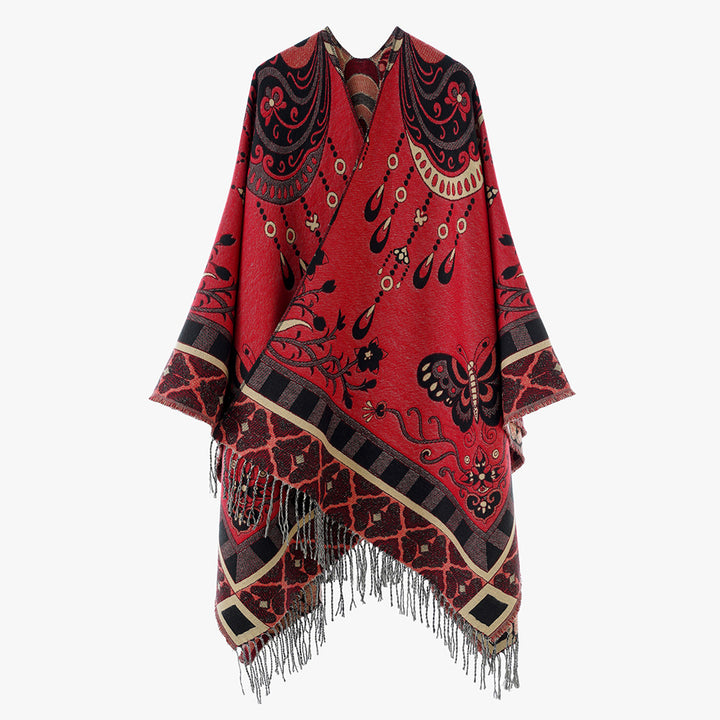 Women Jacquard Statement Poncho with paisley and butterfly motif as well as fringes Mune Fashion