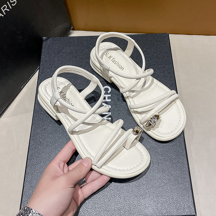 Women's Flat Strappy Sandals with Toe Post, Elastic Heel Strap, and Decorative Application Mune Fashion