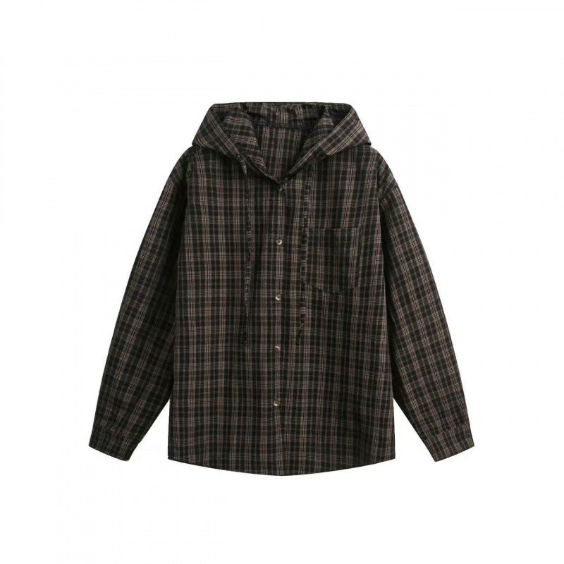 Unisex wide checkered hooded shirt jacket made of cotton flannel with patch breast pocket Mune Fashion