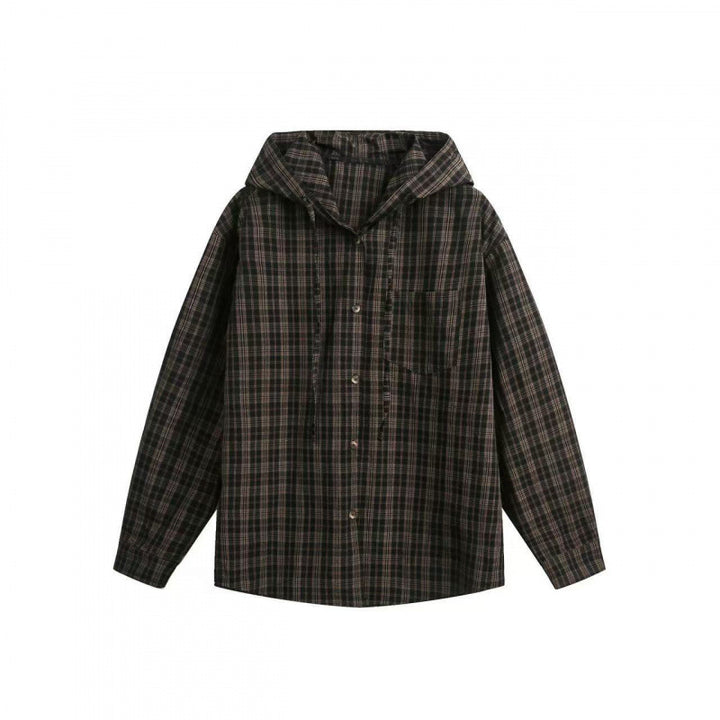Unisex wide checkered hooded shirt jacket made of cotton flannel with patch breast pocket Mune Fashion