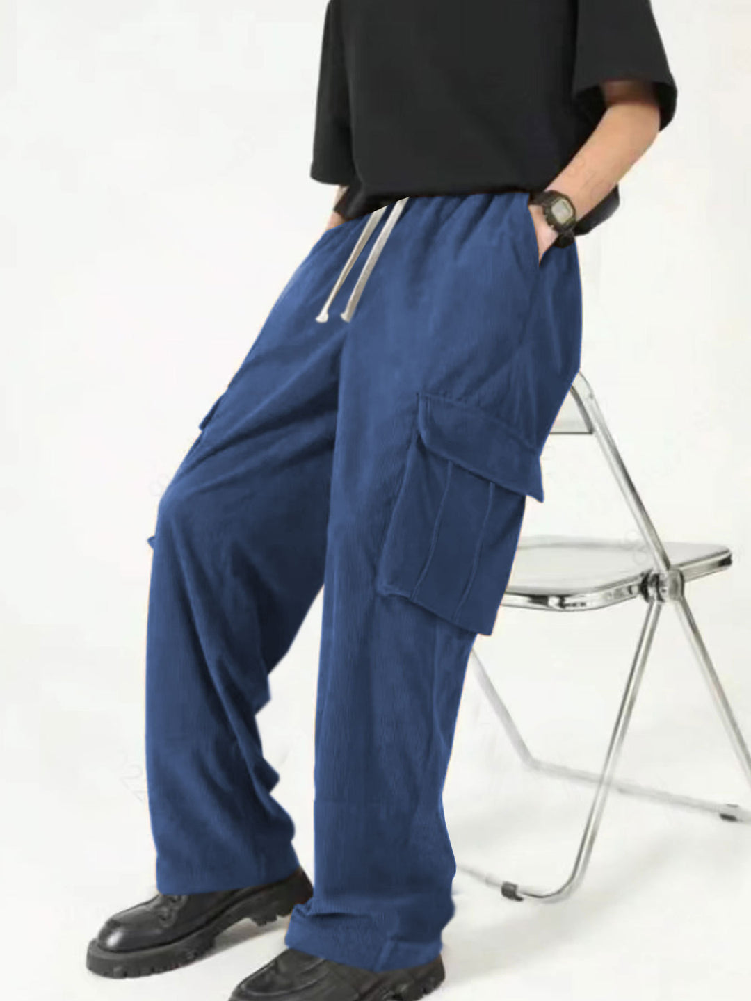Men's loose wide corduroy cargo pants with drawstring waistband and large flap pockets Mune Fashion