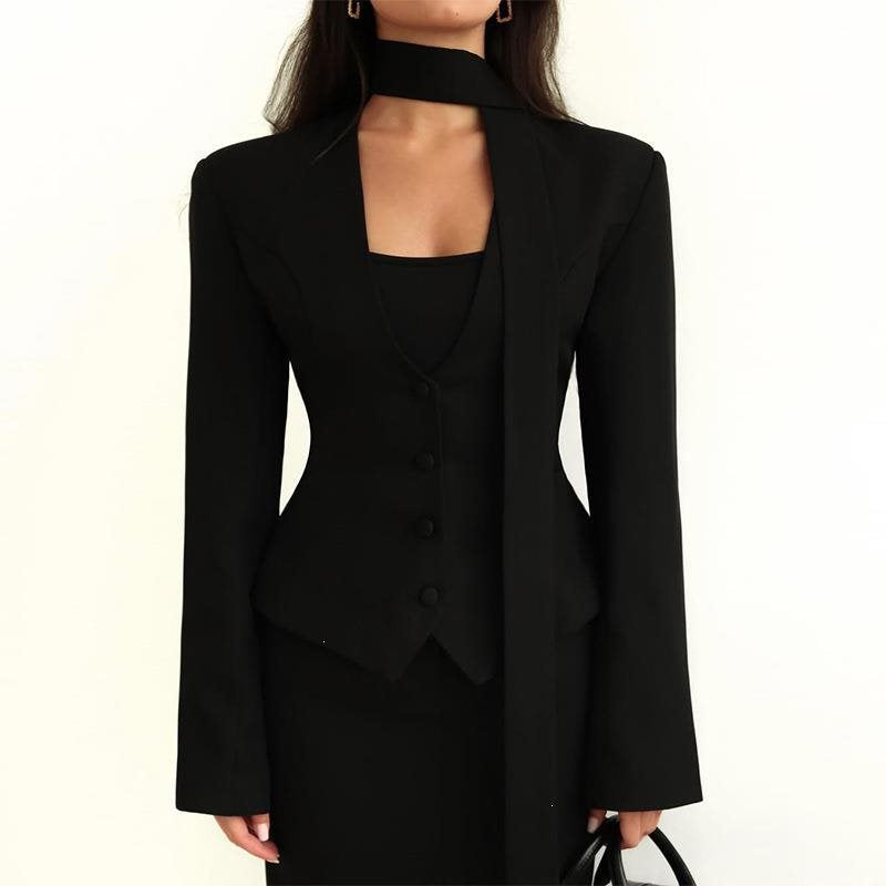 Women Tailored Blazer with Tie Scarf and Fitted Vest Mune Fashion