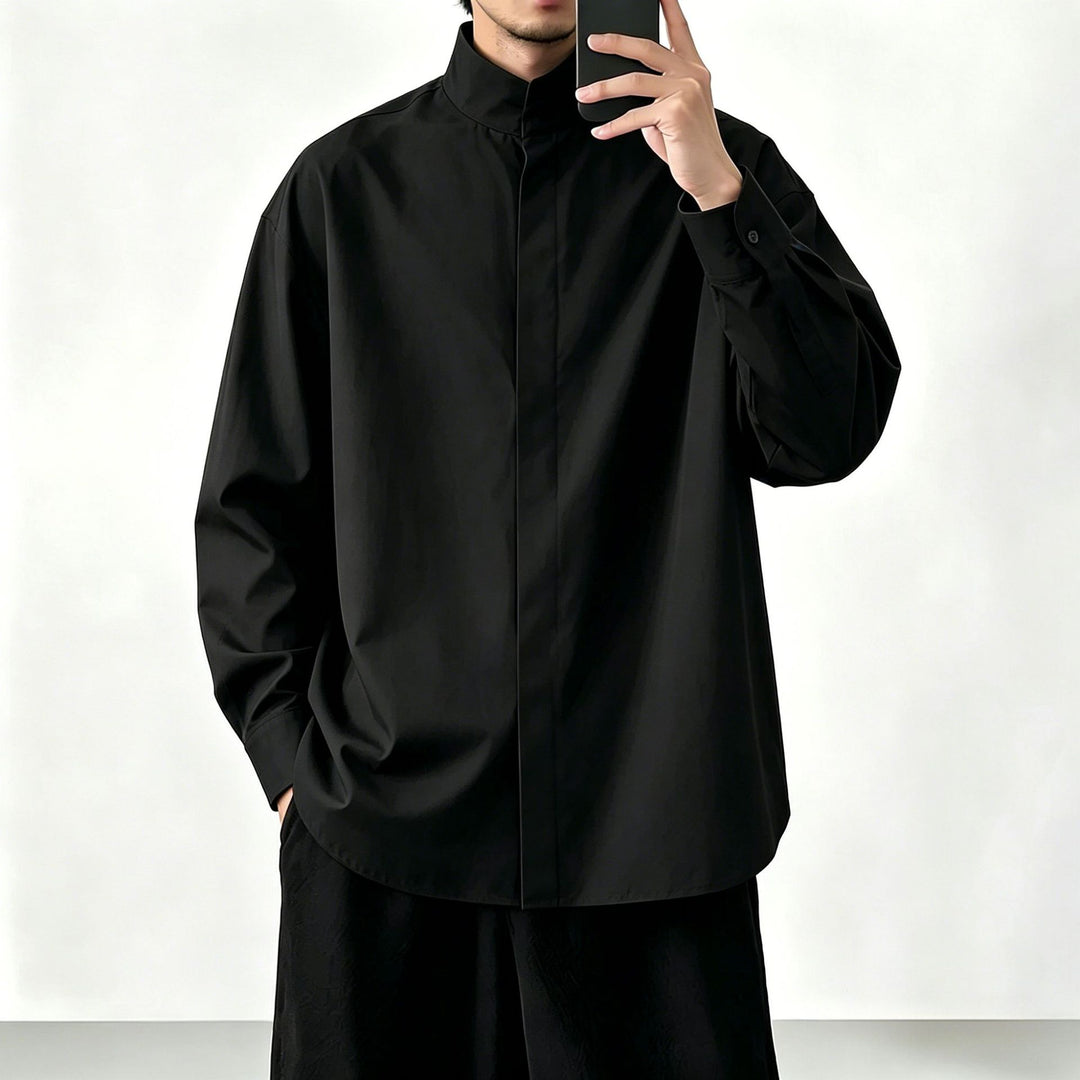 Women's Oversized Shirt with Stand Collar and Concealed Button Placket Mune Fashion