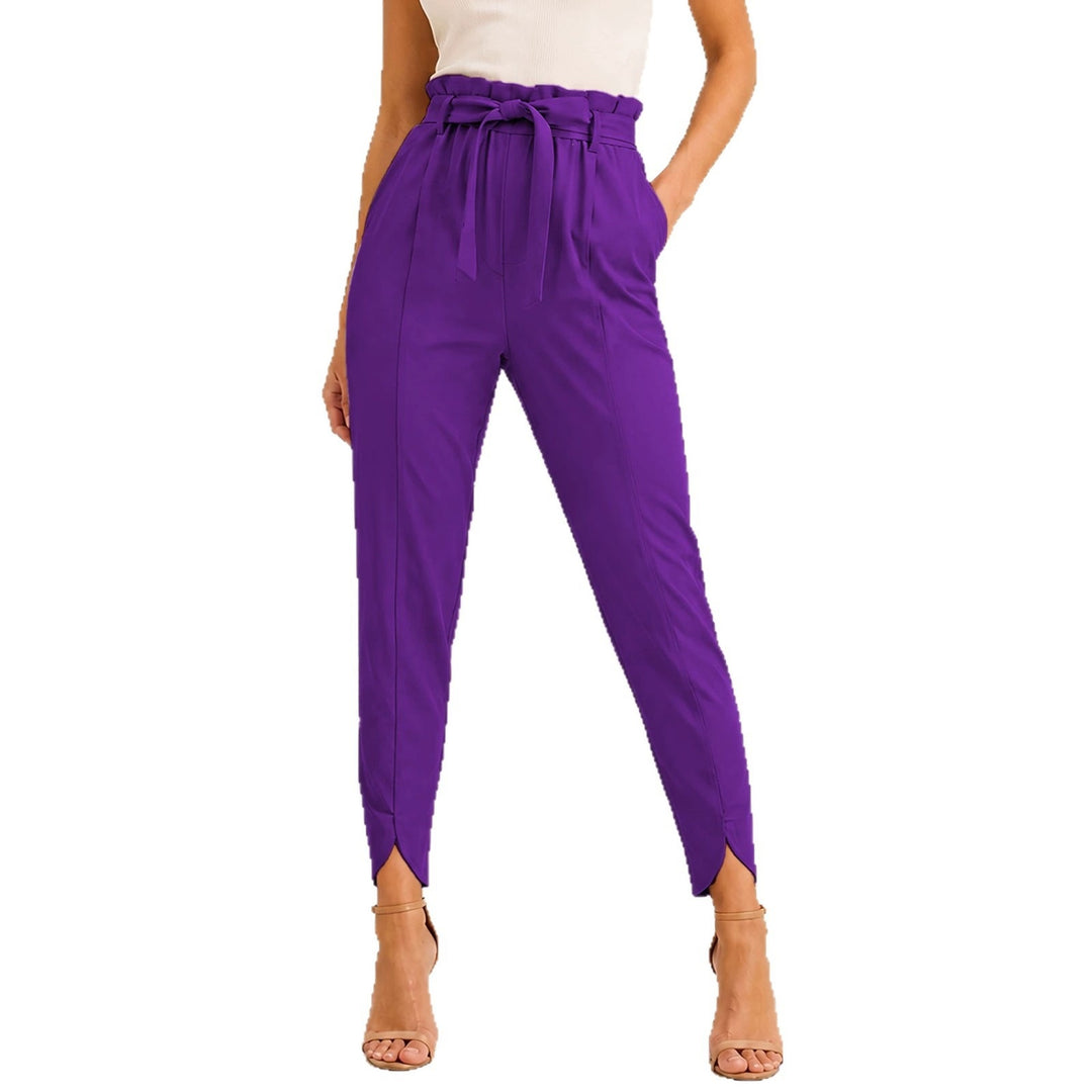 Women's high-waisted paperbag pants with tie belt and slit ankle hem Mune Fashion