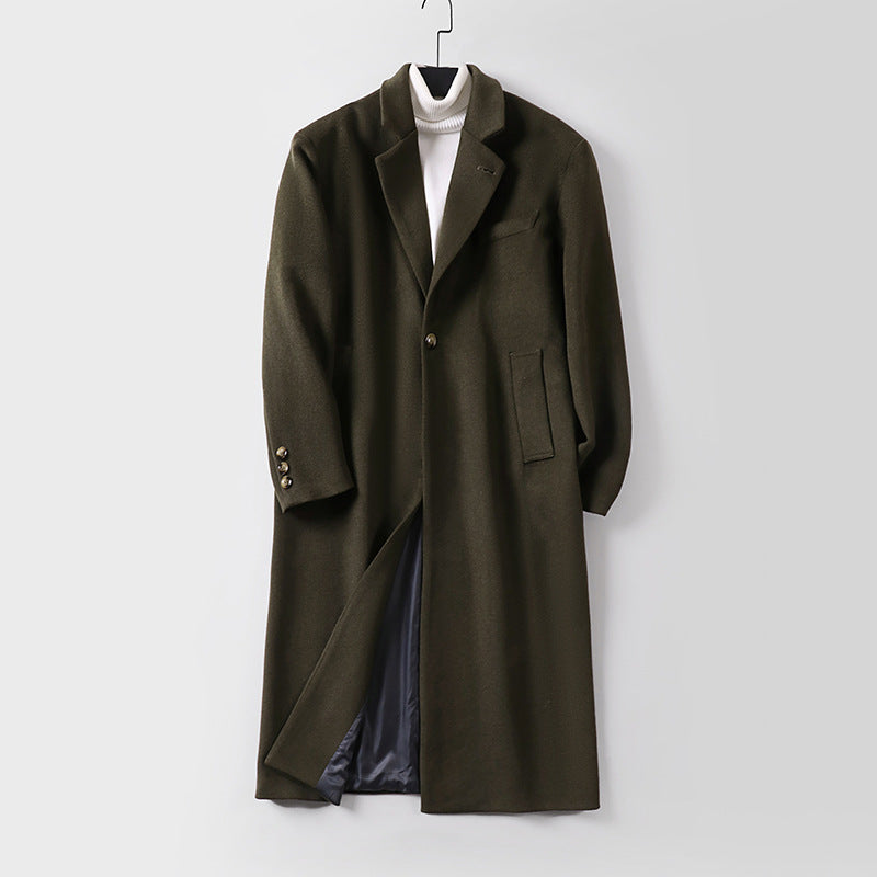 Men's Elegant Long Single-Breasted Wool Coat with Narrow Lapels and Tailored Silhouette Mune Fashion