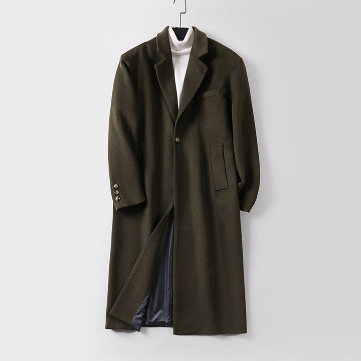 Men's Elegant Long Single-Breasted Wool Coat with Narrow Lapels and Tailored Silhouette Mune Fashion