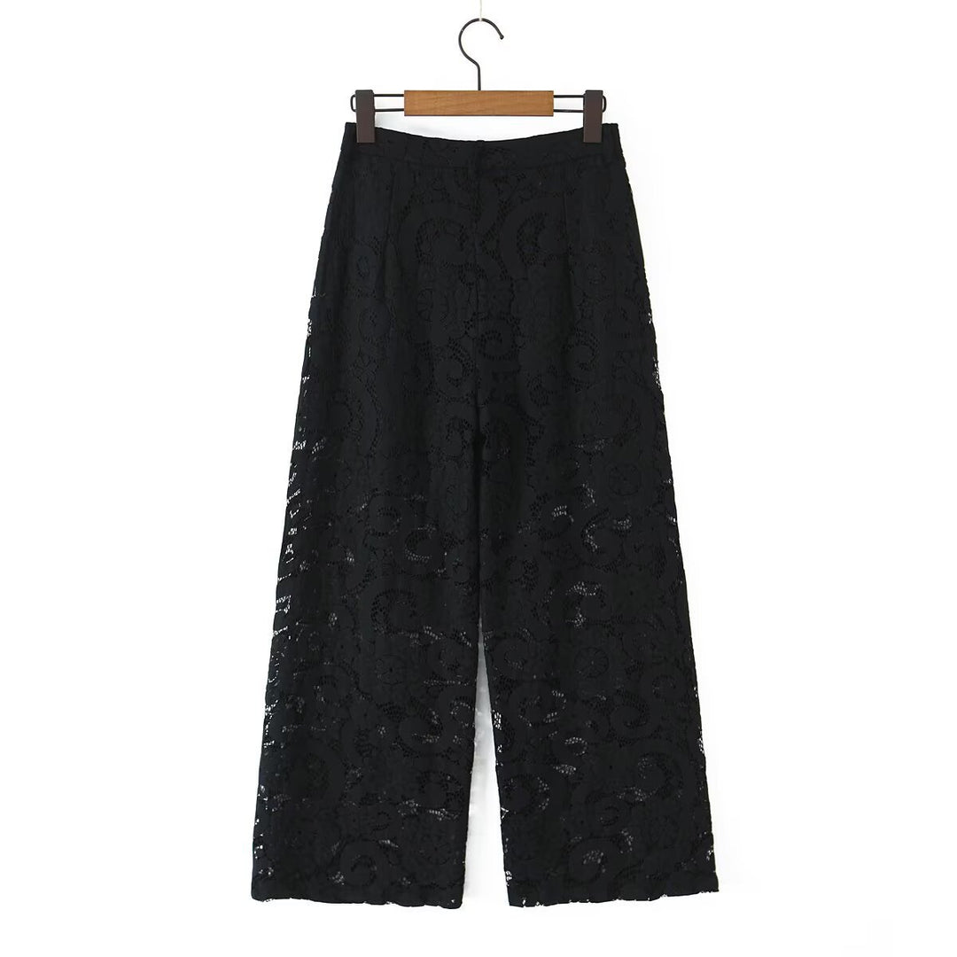 Women Wide Lace Trousers with High Waist and Lined Interior Mune Fashion
