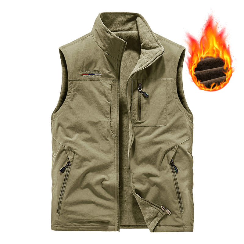Men's padded thermo outdoor vest with soft fleece lining, high stand-up collar and multiple zip pockets.