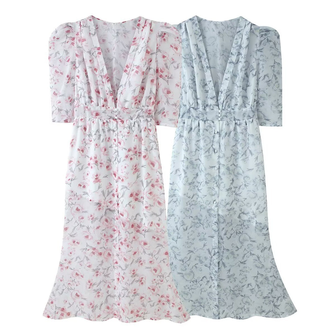 Women Chiffon Midi Dress with Floral Allover Look, V-Neck and Gathered Waist Mune Fashion