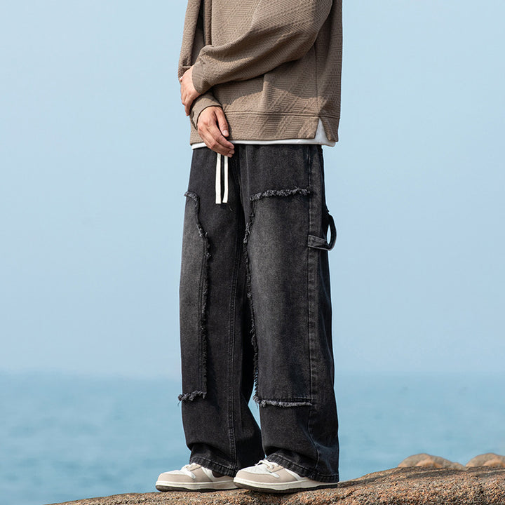 Men's Wide Denim Cargo Pants with Fringed Patch Pockets and Drawstring Waist Drune