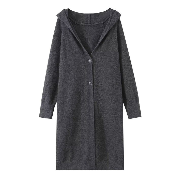 Women's Longline Knit Cardigan with Hood, Fine Knit and Button Closure Drune