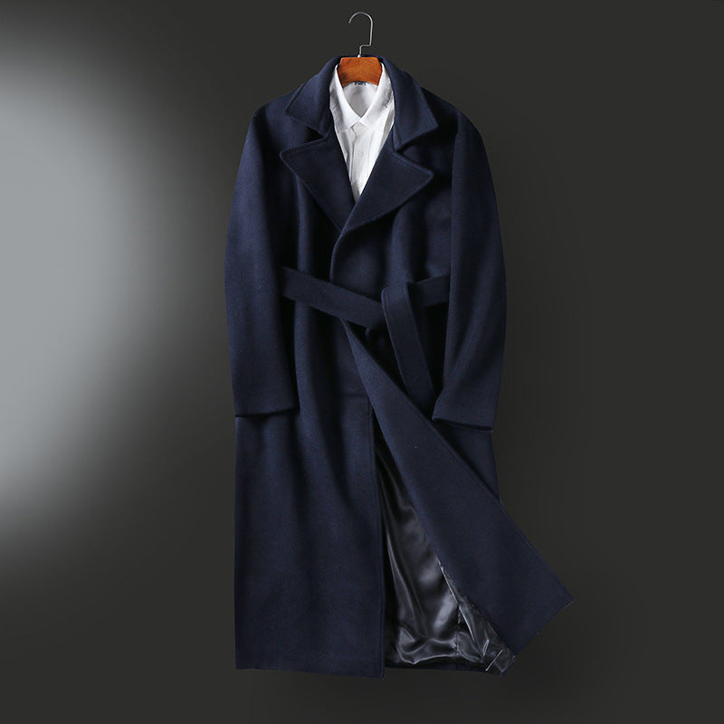 Men's Maxi-length tailored wool blend coat with wide shawl collar and belt Mune Fashion