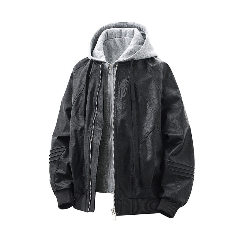 Unisex Wide Cut Faux Leather Bomber Jacket with Contrast Hood and Ribbed Cuffs Mune Fashion