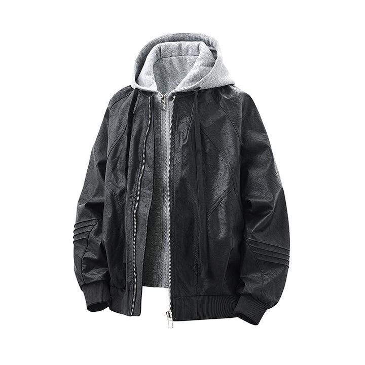 Unisex Wide Cut Faux Leather Bomber Jacket with Contrast Hood and Ribbed Cuffs Mune Fashion