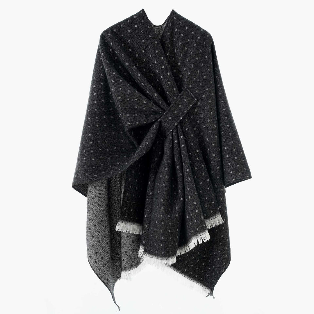 Women's Reversible Wool Mix Poncho with Houndstooth Jacquard and Ties Belt Mune Fashion