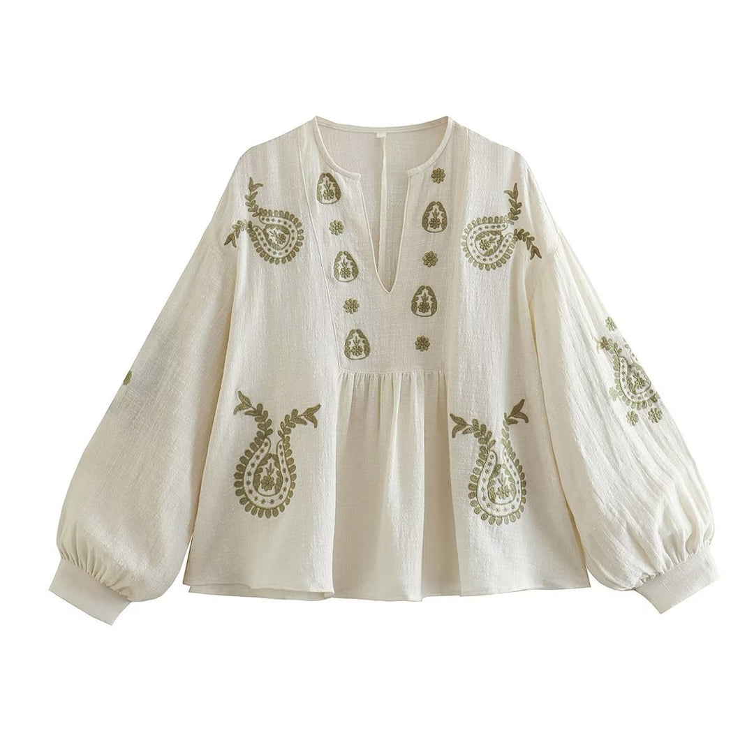 Women's embroidered boho tunic with paisley embroidery, V-neck and voluminous balloon sleeves Mune Fashion