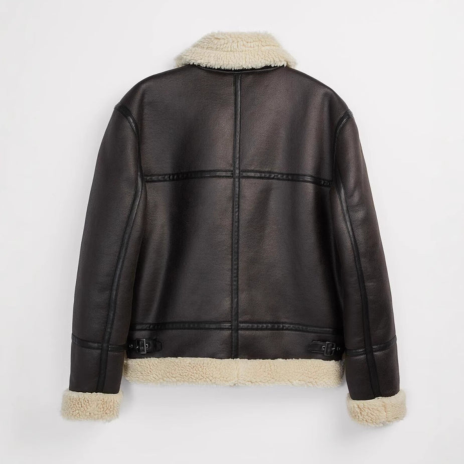Men's short jacket made of artificial leather with teddy lining and lapel collar Mune Fashion