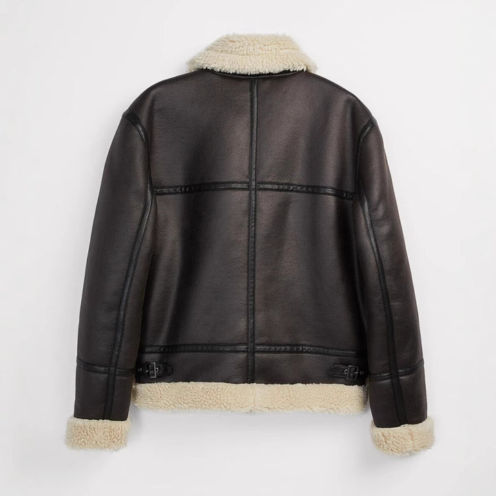 Men's short jacket made of artificial leather with teddy lining and lapel collar Mune Fashion