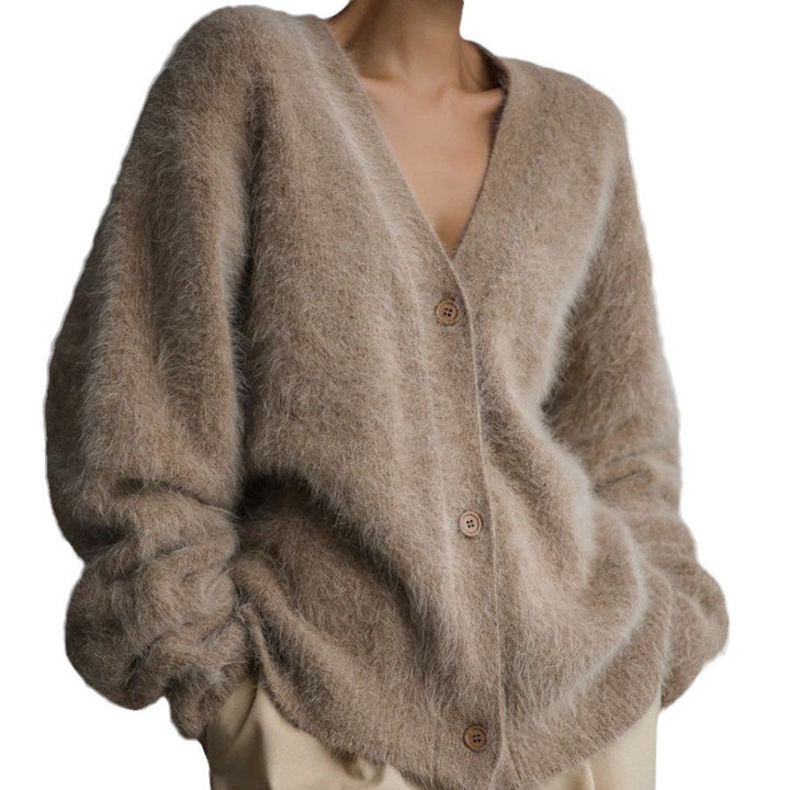 Women's Cozy Oversized Cardigan made of Teddy Knit with Deep V-Neck Mune Fashion