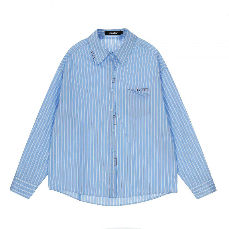 Men's Loose Oversized Shirt with Pinstripes, Chest Pocket and Contrast Stitches Mune Fashion