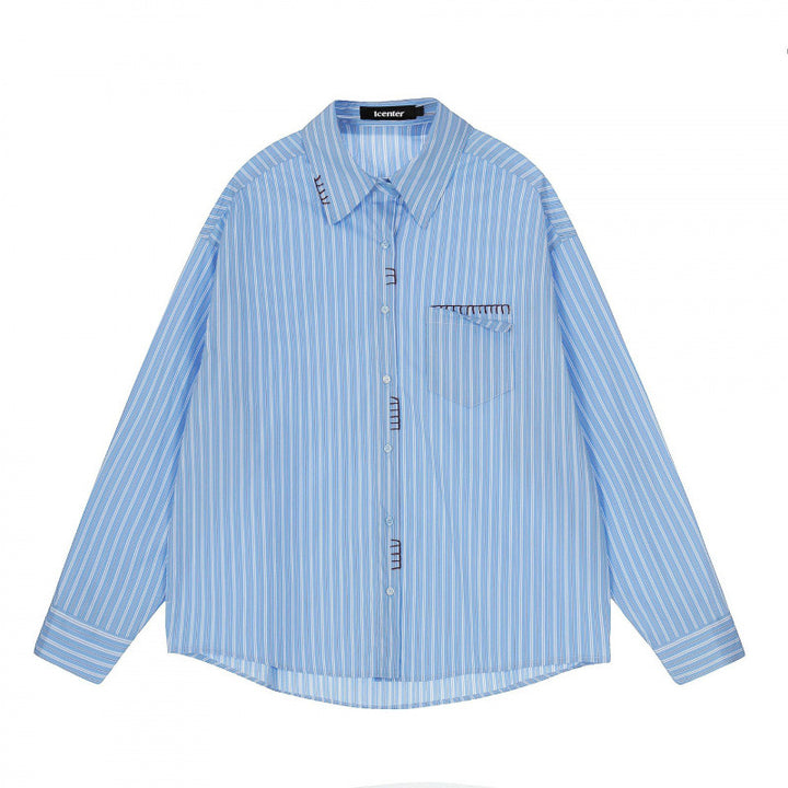 Men's Loose Oversized Shirt with Pinstripes, Chest Pocket and Contrast Stitches Mune Fashion