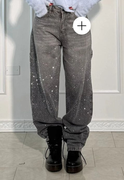 Women's High-Waist Jeans in loose Cargo cut with sparkling rhinestone trim Mune Fashion