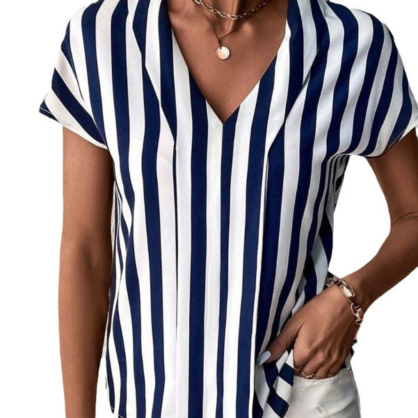 Women's striped blouse top with stand-up collar, V-neck and cap sleeves Mune Fashion