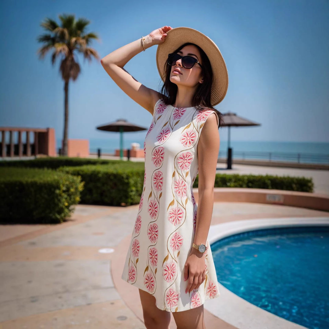 Women's Lightweight Sleeveless Shift Midi Dress with Delicate Floral Print and Straight Neckline Mune Fashion