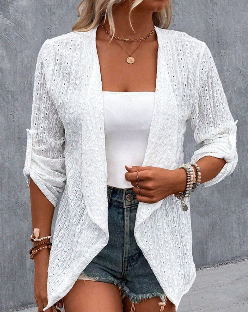 Women's light openwork knit blazer with waterfall front and roll-up sleeves Mune Fashion