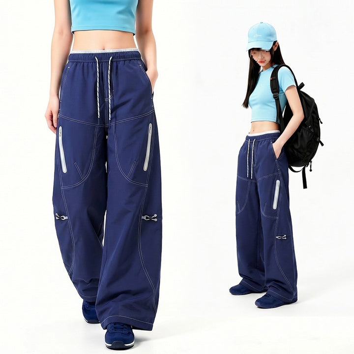 Women's Oversize Tech Lounge Pants with Contrast Seams, Reflective Zipper Pockets & Drawstring Waist Mune Fashion